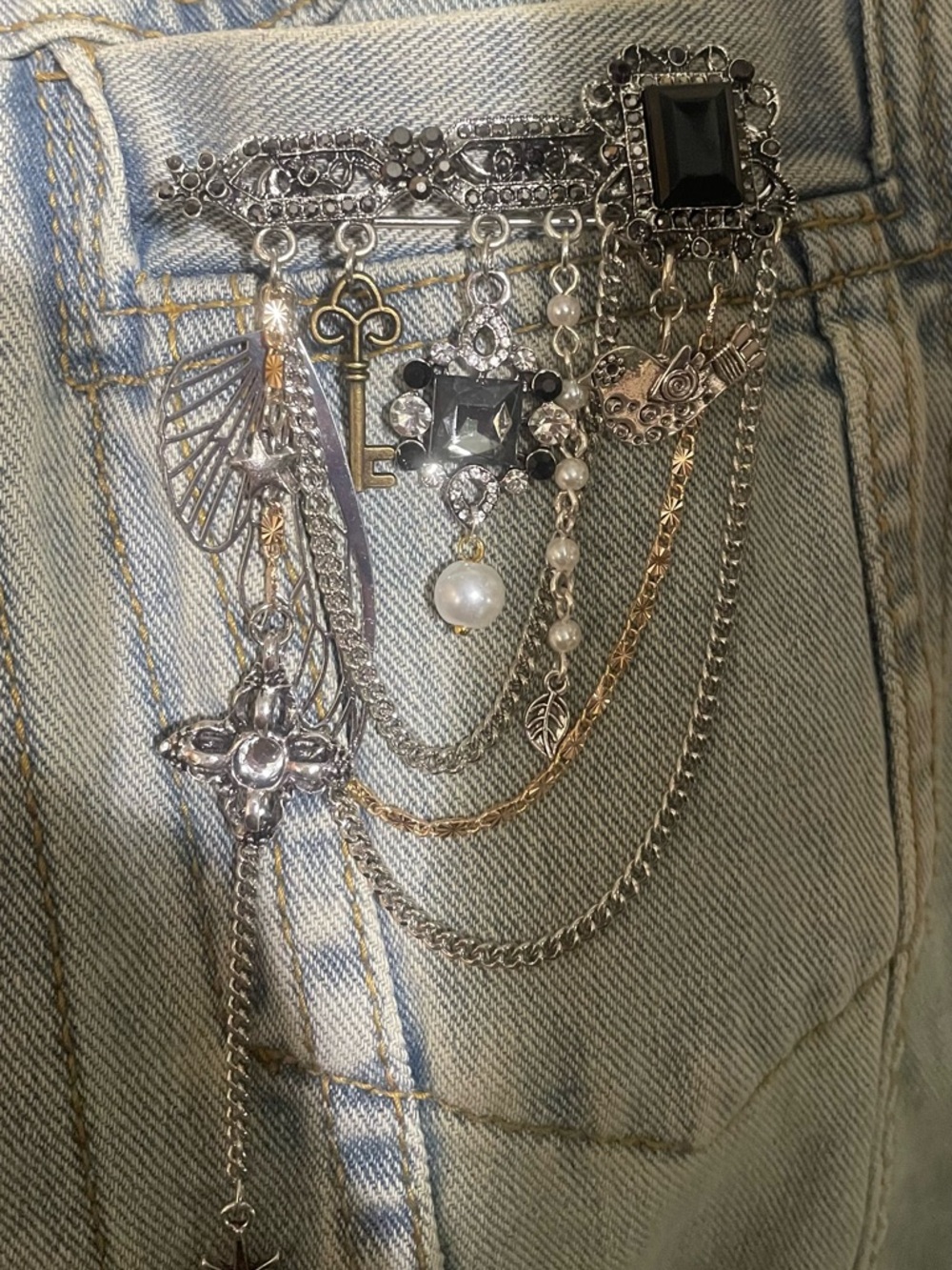 Multi-Chain Brooch Pin with Charms and Gems - Picture 4 of 8